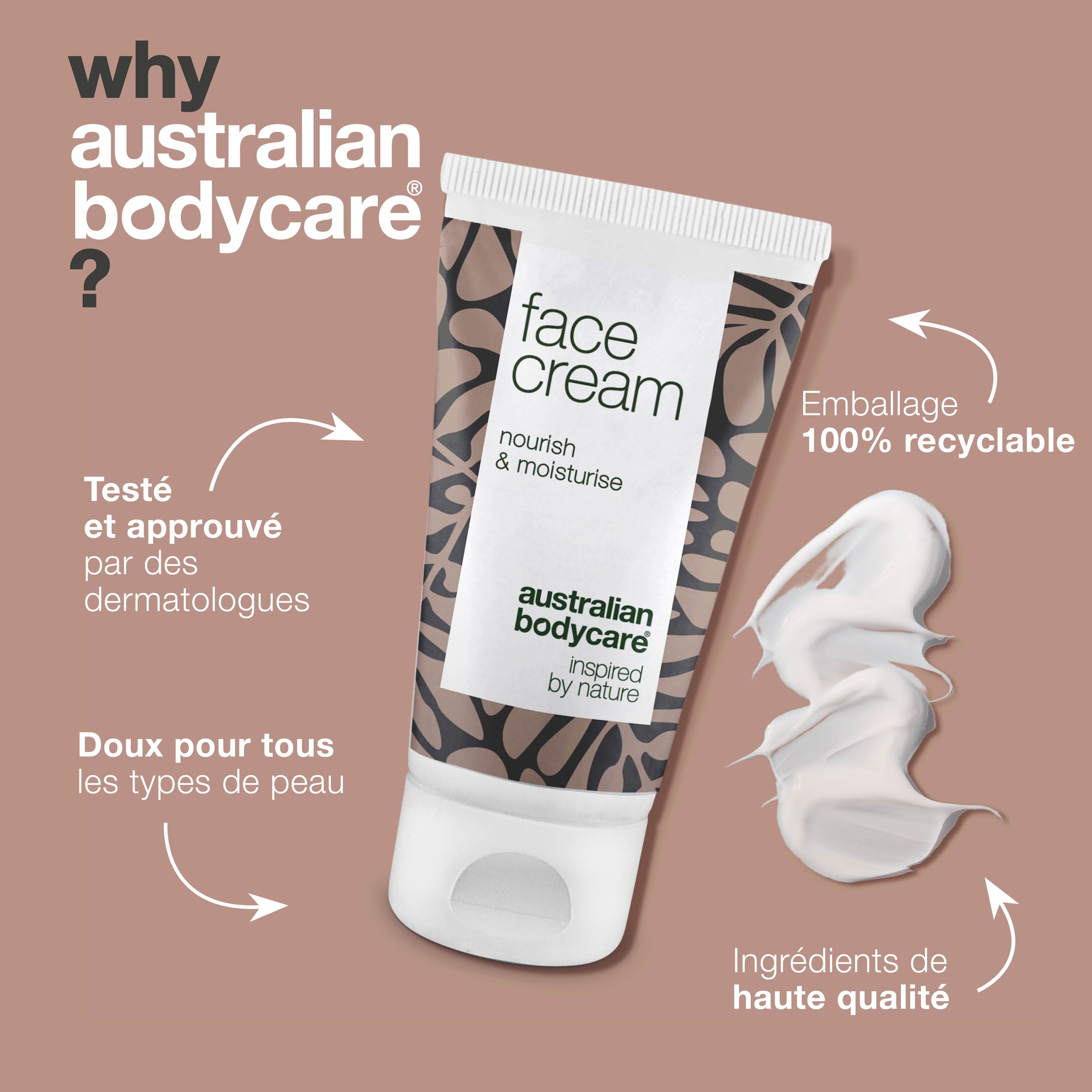 Tube avec texte : face cream. Marque : Australian Bodycare. Texte : problème résolu. À côté : crème.