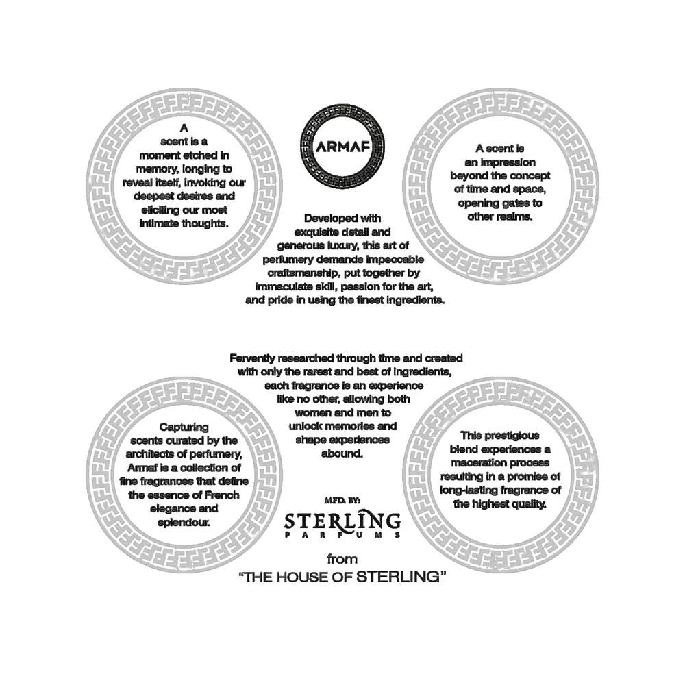 Cirkelvormige tekstvakken met tekst. Boven: ARMFA-logo. Onder: « The House of Sterling »-logo. Tekst over geur en ingrediënten.