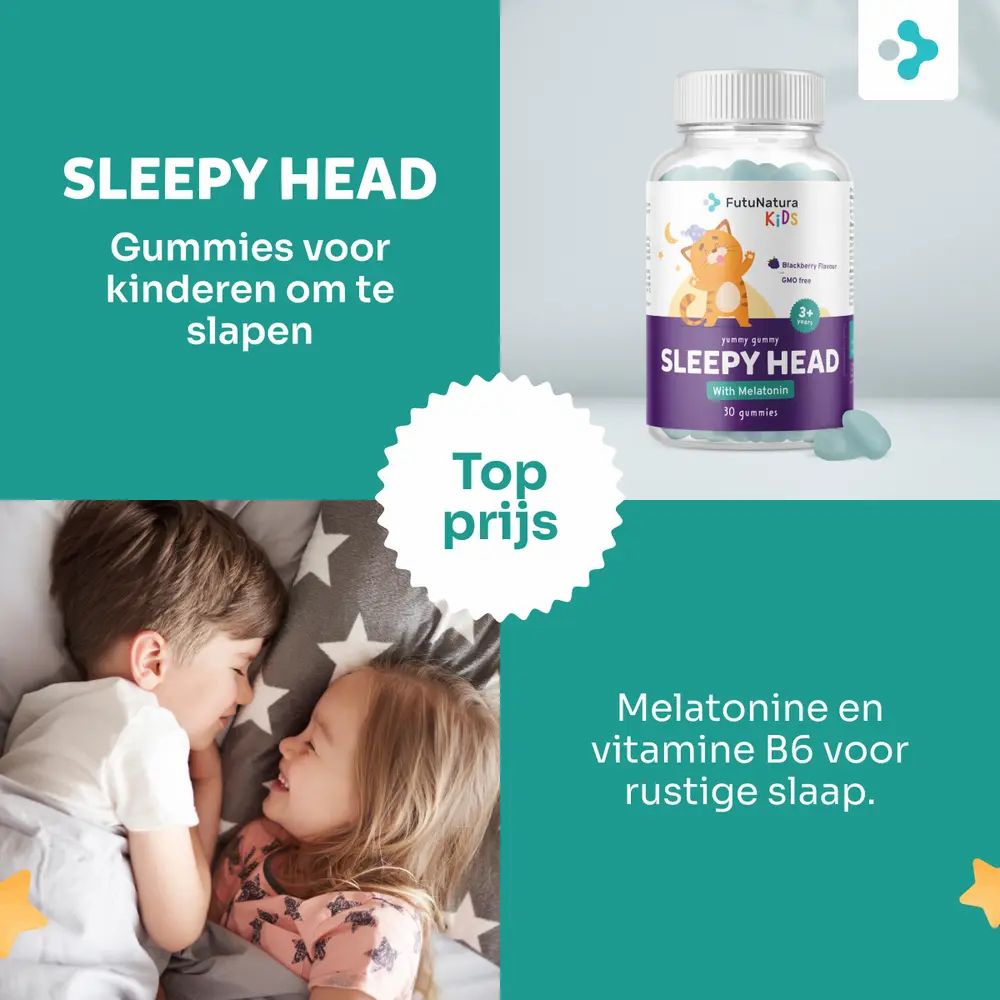 Twee kinderen knuffelen. FutuNatura Sleepy Head, gummies voor kinderen. Fles met blauwe gummies.