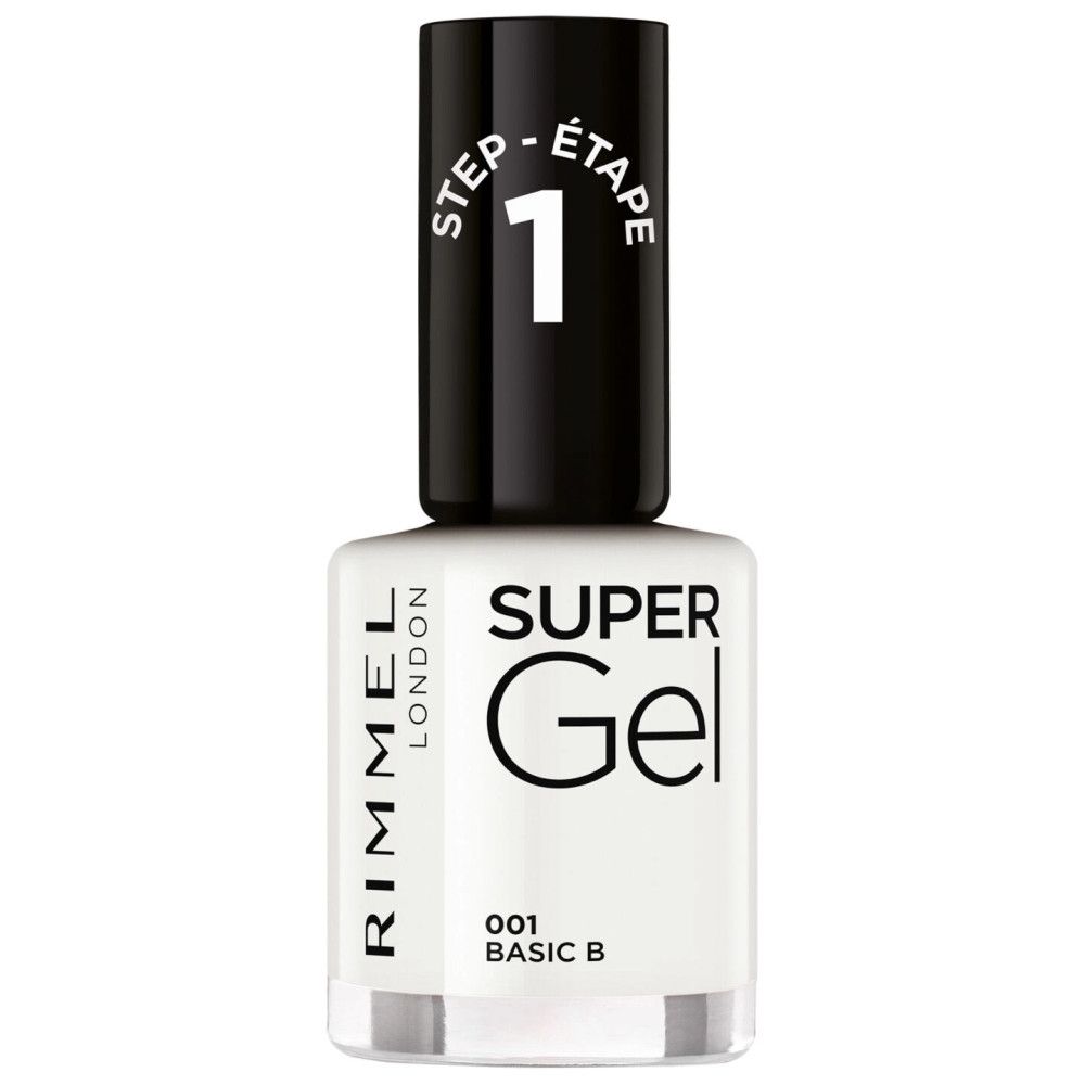 Flacon de vernis à ongles blanc. Bouchon noir avec 'STEP 1'. Inscription 'SUPER Gel' et 'RIMMEL LONDON'.