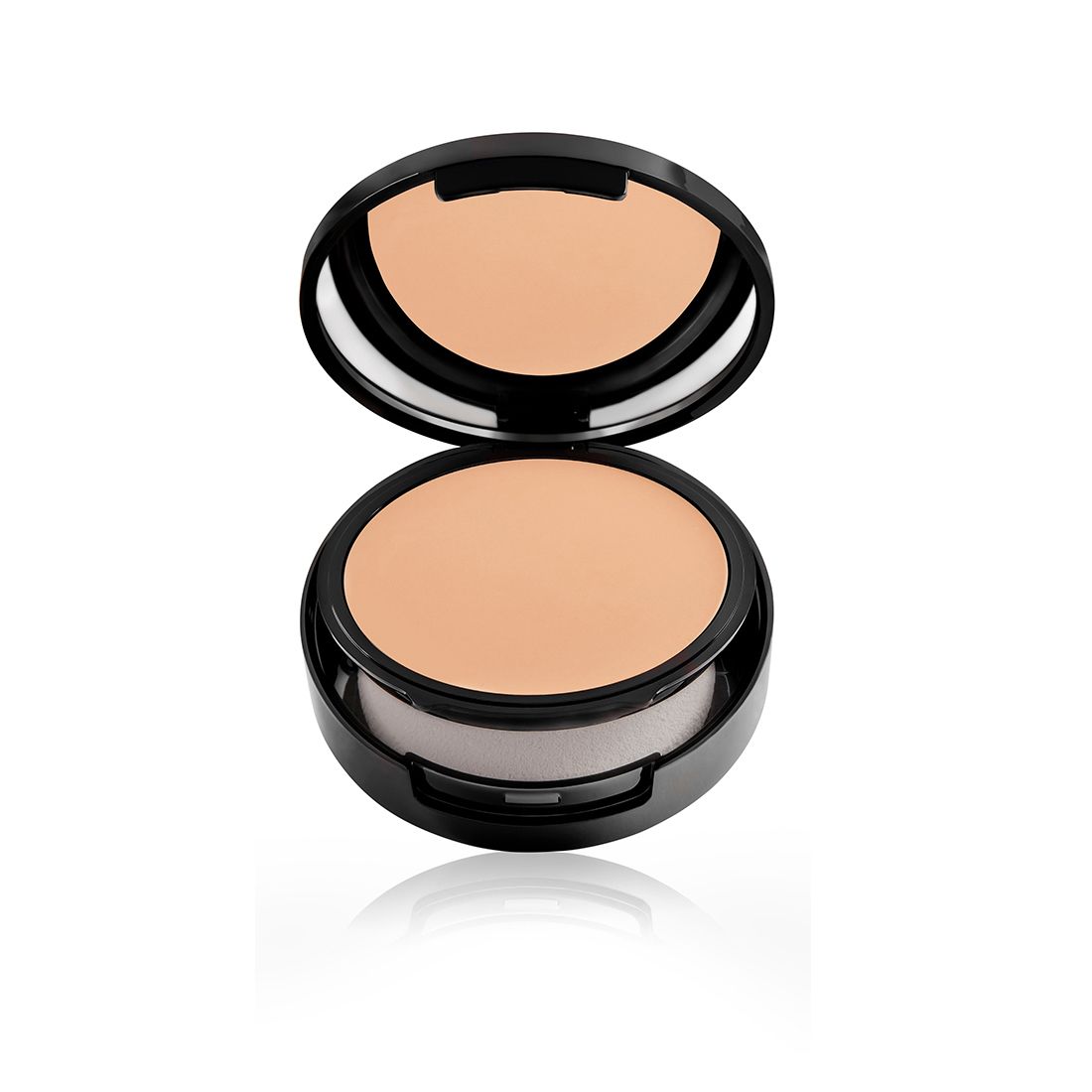 Fond de teint compact ouvert, boîtier noir. Miroir et applicateur éponge inclus. Teinte beige clair.