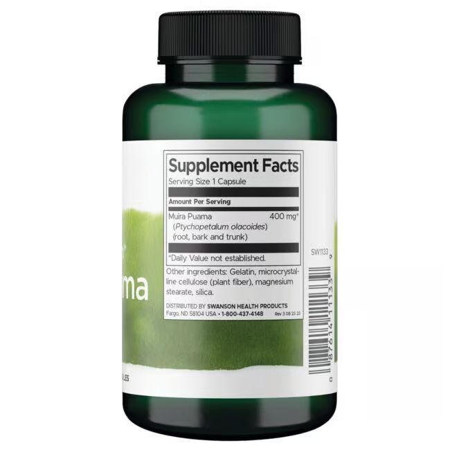 Dos d'une bouteille verte. Étiquette blanche avec informations nutritionnelles. Contient Muira Puama 400 mg. Liste des ingrédients.