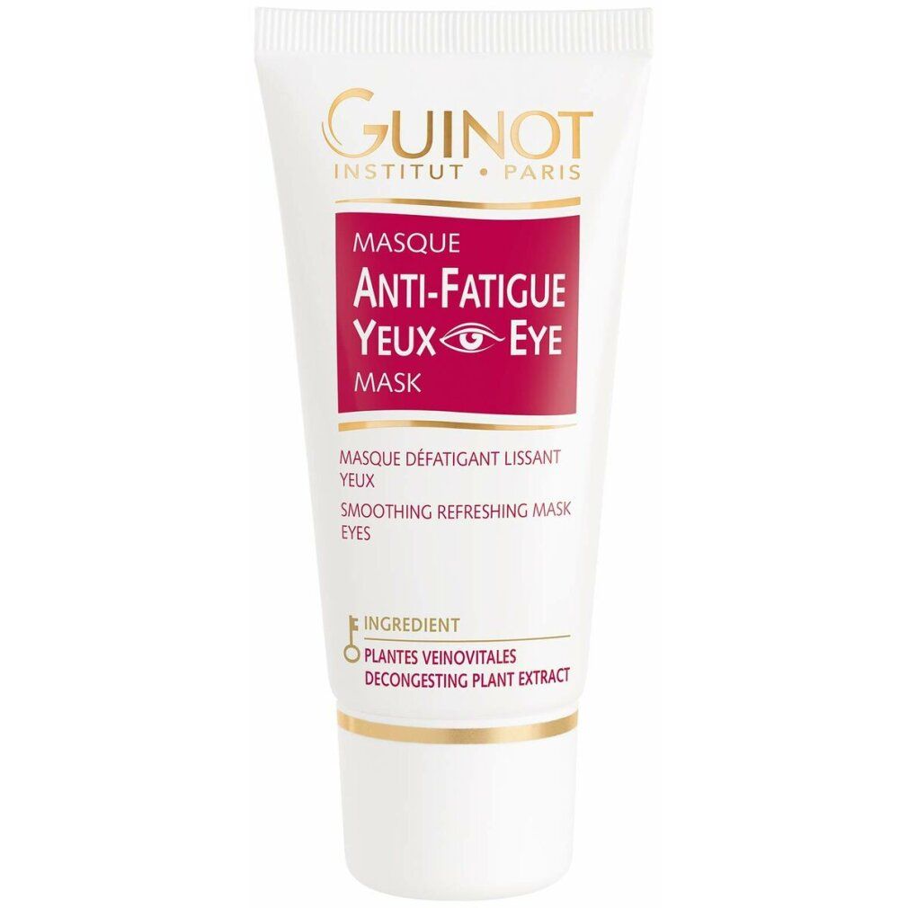 Tube blanc Guinot. Texte rouge : Anti-Fatigue Yeux Eye Mask. Inscriptions : Masque défatigant yeux. Ingrédient.