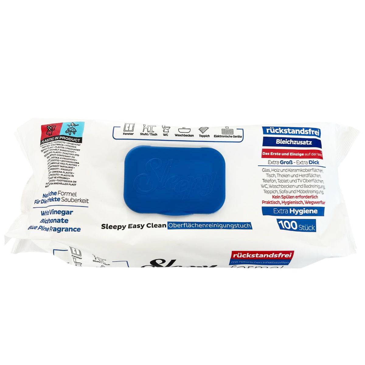 Paquet blanc avec ouverture bleue. Inscription Sleepy Easy Clean Oberflächenreinigungstücher. 100 pièces. Sans résidus.