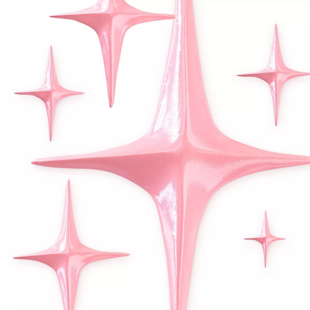 Zes stervormige decoraties in roze op een witte achtergrond.