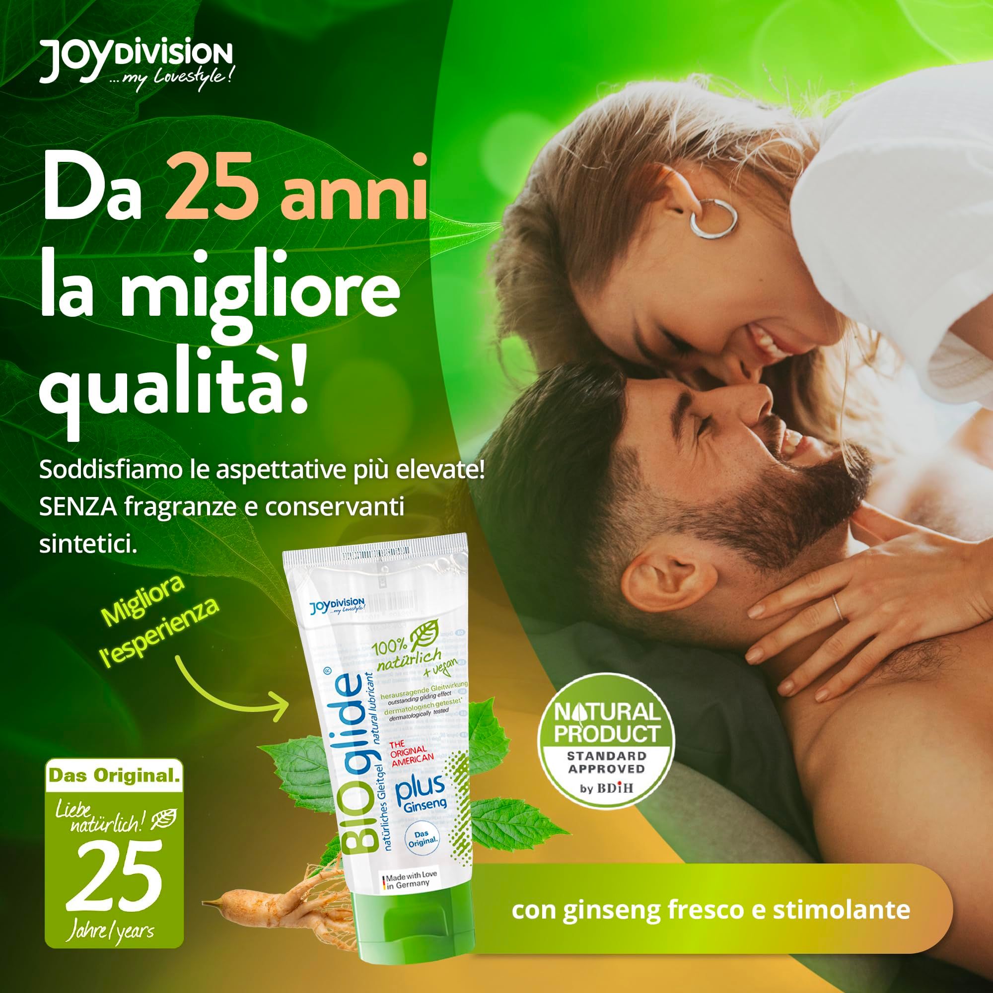 Couple s'enlaçant. Au premier plan : tube de lubrifiant Joydivision BIOglide plus Ginseng. "Produit Naturel".