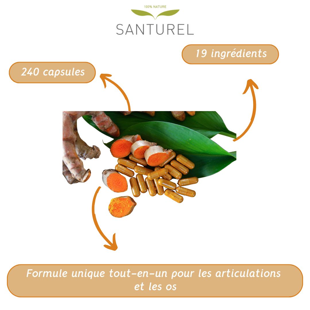 Gélules, curcuma, gingembre et feuilles. Inscription : 240 gélules, 19 ingrédients. Texte : Formule unique tout-en-un.