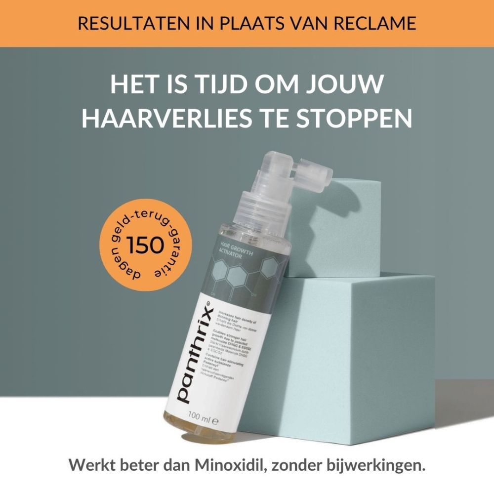 Shampoo fles met tekst. Tekst: Het is tijd om je haaruitval te stoppen. 150 dagen geld-terug-garantie.