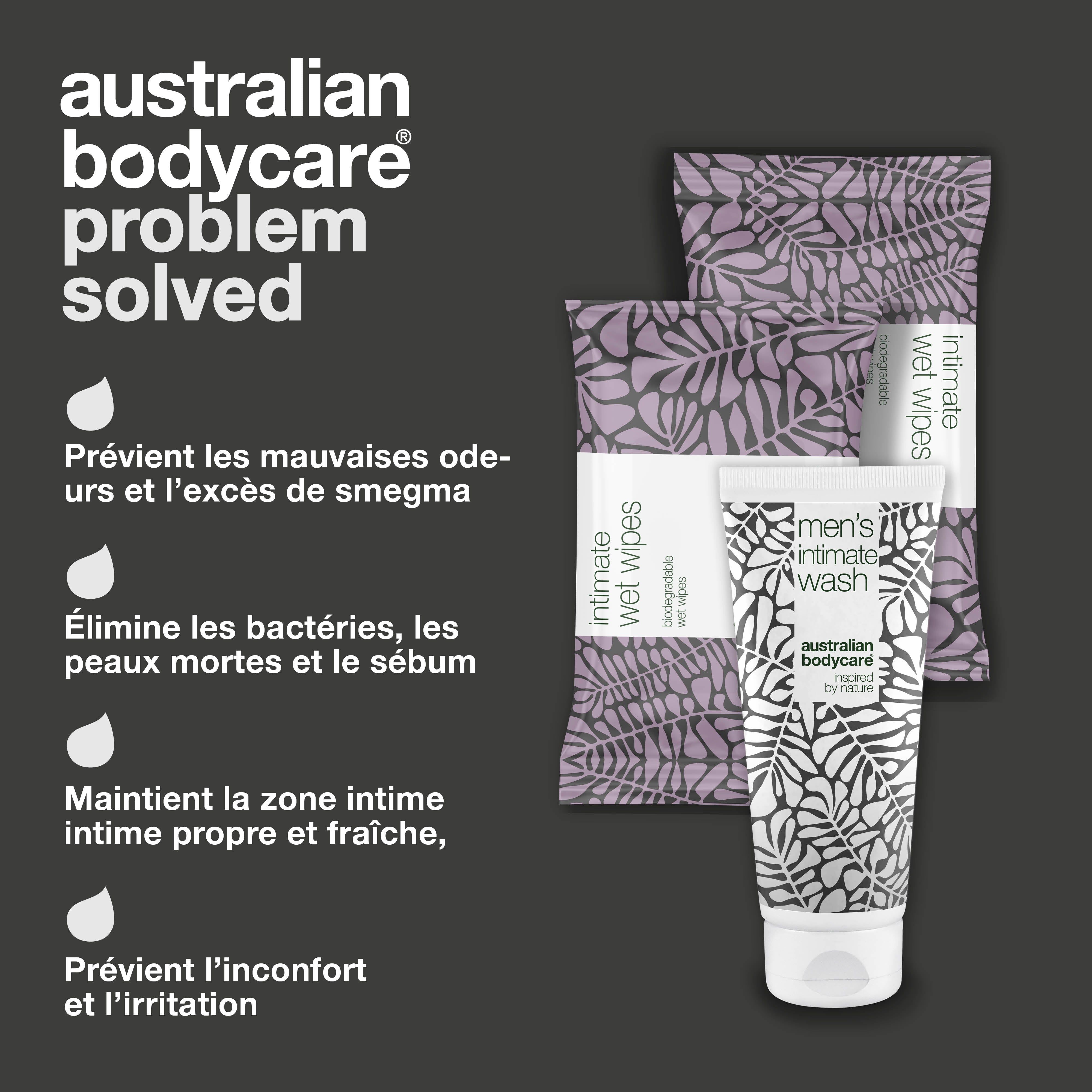 Produit : gel lavant intime et lingettes. Marque : Australian Bodycare. Texte : Problème résolu.