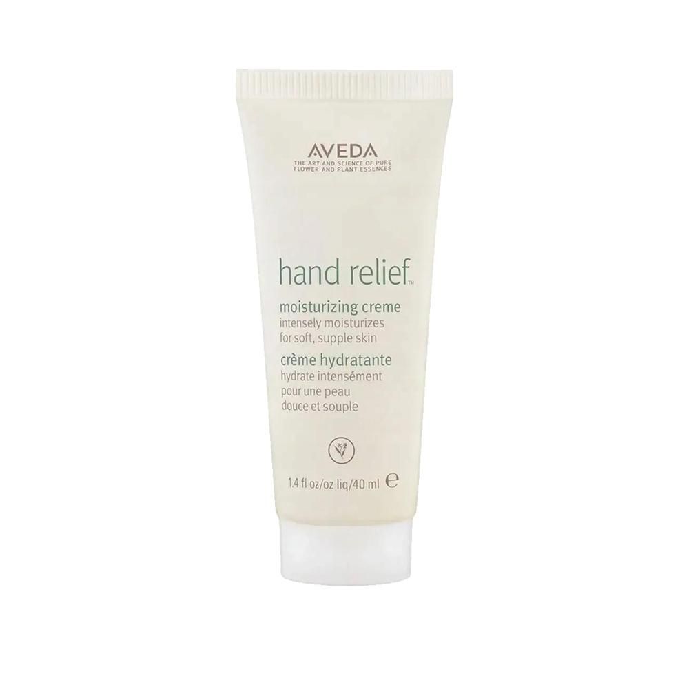 Lichtbeige crèmetube met witte dop. Tekst: Hand Relief, Aveda. Inhoud: 40 ml.