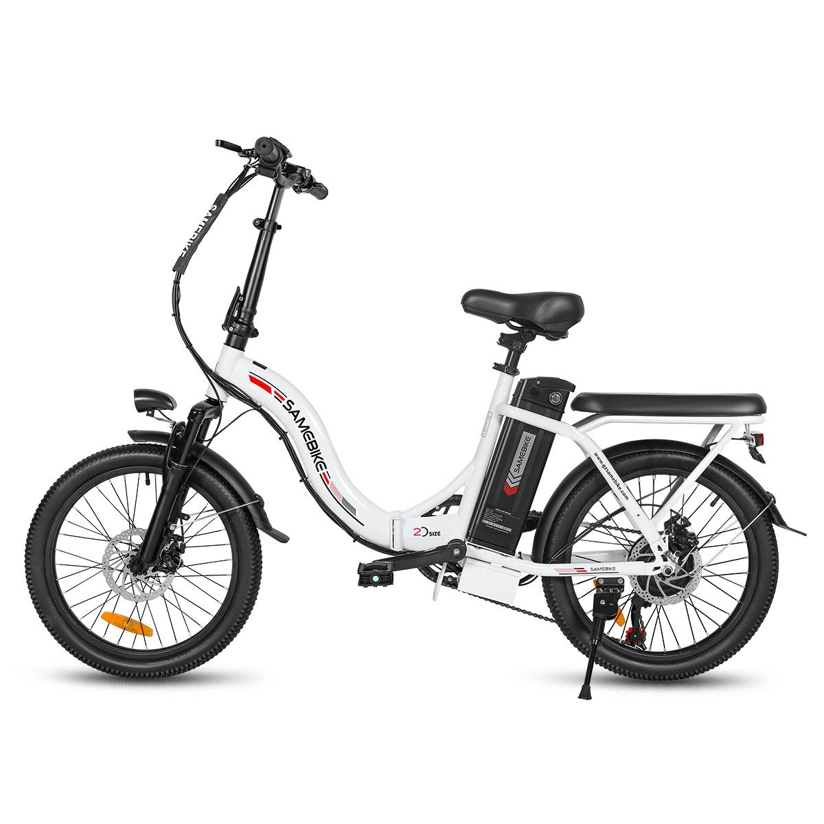 Opvouwbare e-bike, wit en zwart, met bagagedrager en koplamp. Merk SAMEBIKE.