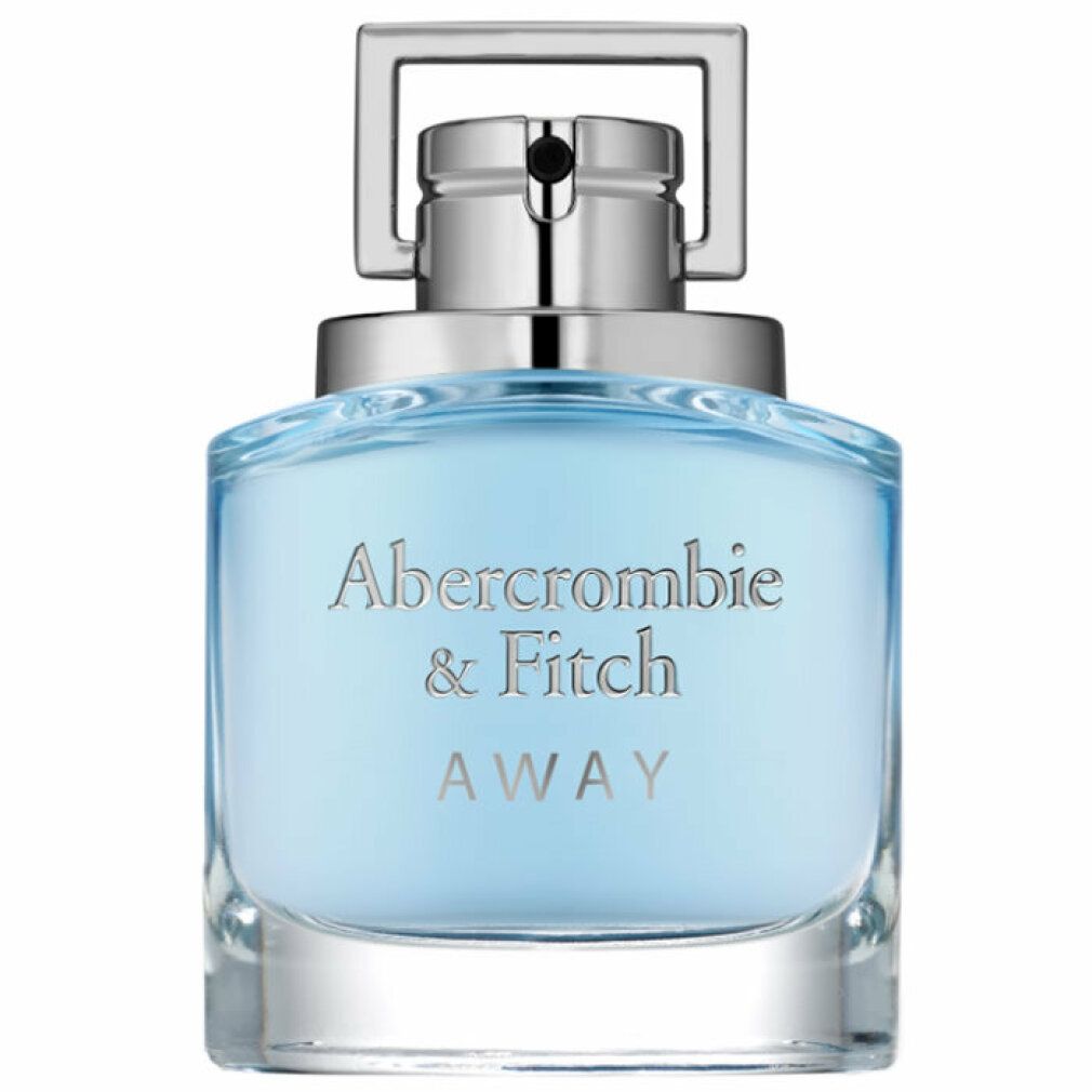 Flacon de parfum en verre bleu avec bouchon argenté. Inscription: Abercrombie & Fitch AWAY.