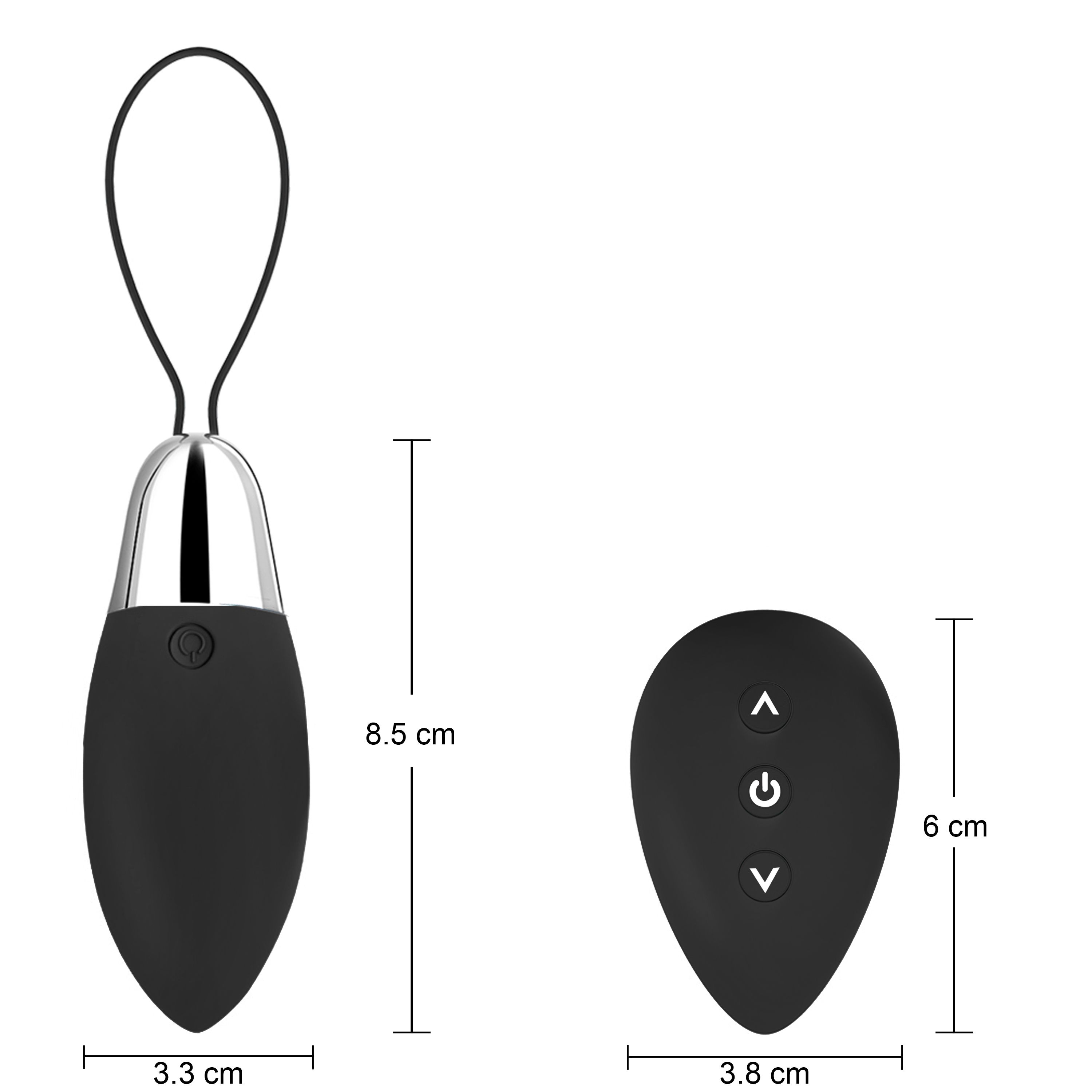 Produit noir ovale avec tête argentée, boucle et télécommande séparée. Dimensions : 8,5 cm, 3,3 cm, 6 cm, 3,8 cm. Bouton marche/arrêt.