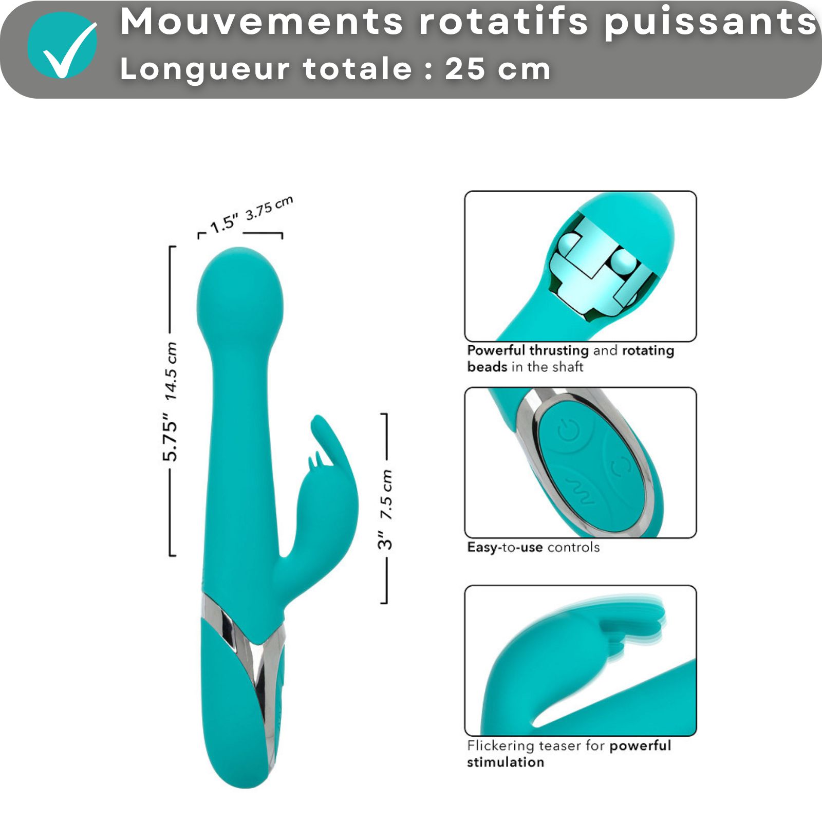 Vibrateur turquoise, forme incurvée. Avec câble de chargement USB.