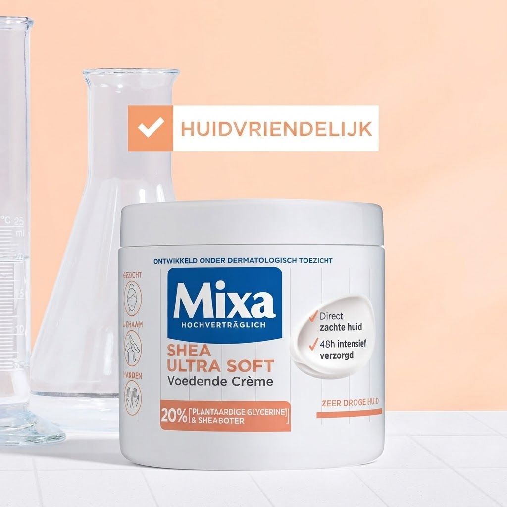 Mixa Shea Ultra Soft voedende crème in een witte pot met blauwe en oranje accenten. Bevat 20% plantaardige glycerine & shea boter.