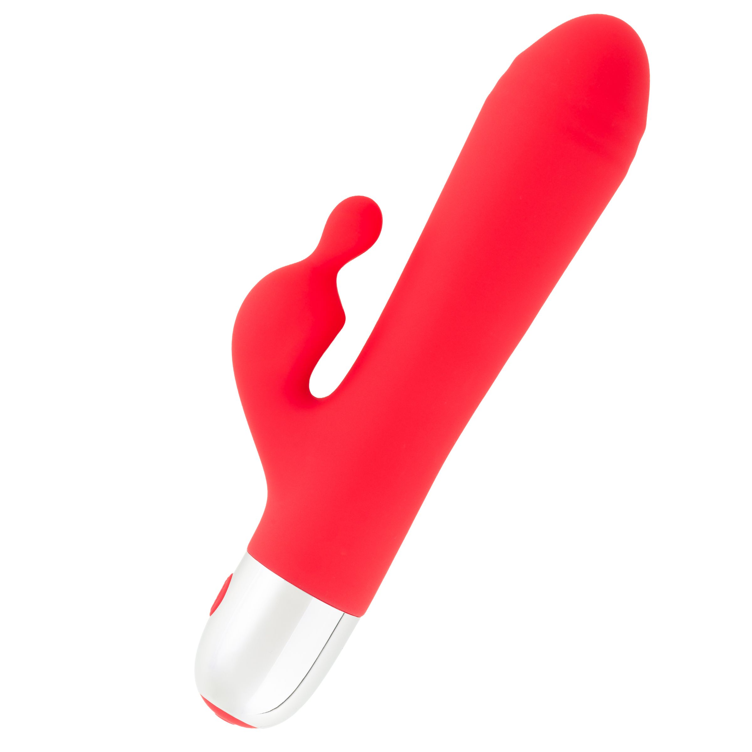 Rode vibrator met zilveren basis en knop. Gebogen vorm met zijelement.