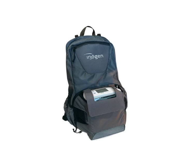 Sac à dos Inogen gris avec compartiment pour concentrateur d'oxygène.