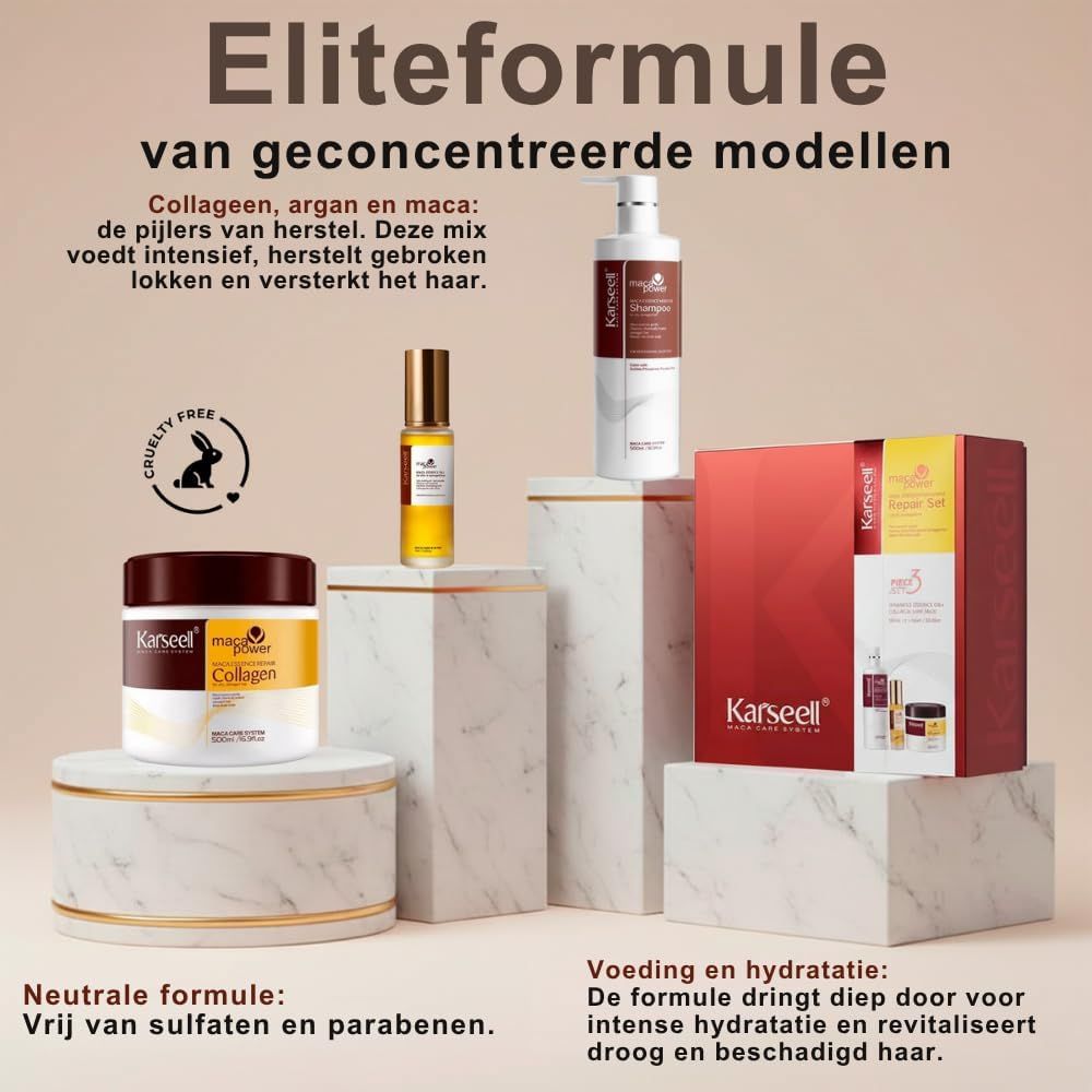 Karseell haarproducten: collageen crème, haarolie en pompflacon.