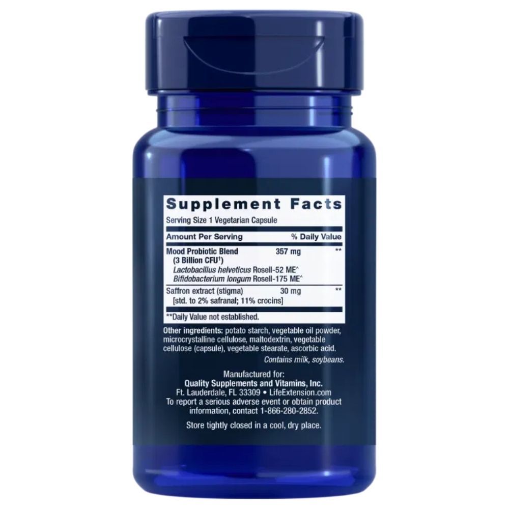 Dos de la bouteille Life Extension Florassist Mood Improve avec informations nutritionnelles et ingrédients.