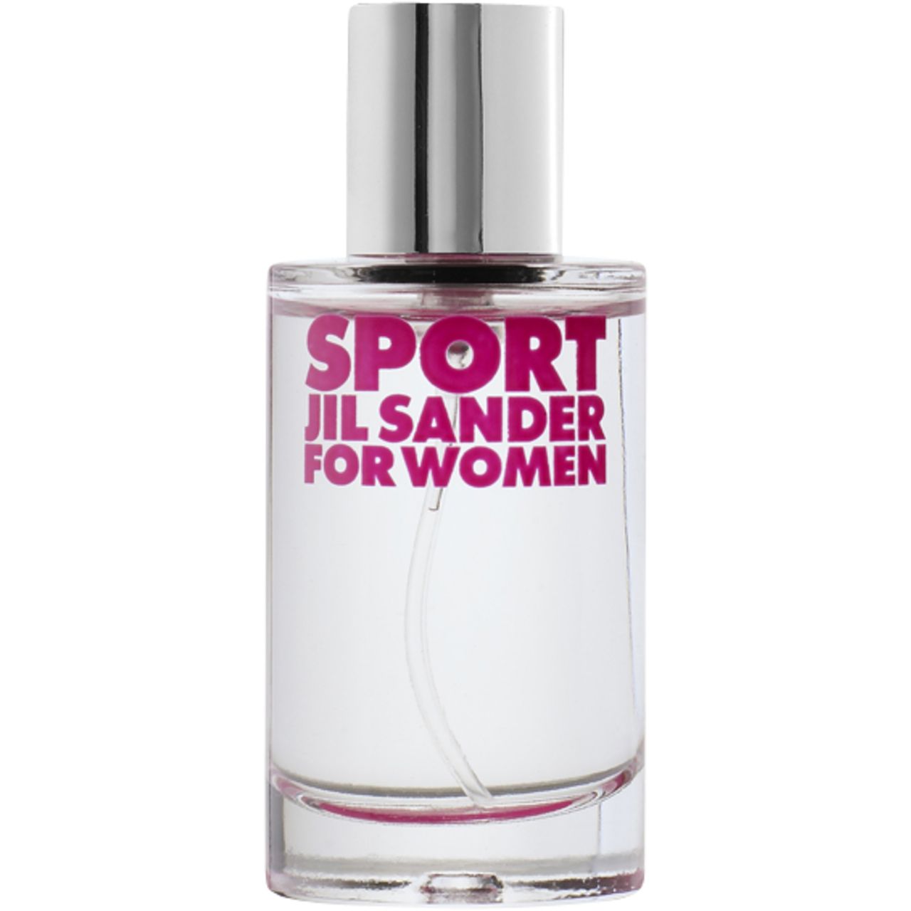 Flacon en verre transparent avec bouchon argenté. Inscription SPORT JIL SANDER FOR WOMEN en rose. Bande rouge en bas.