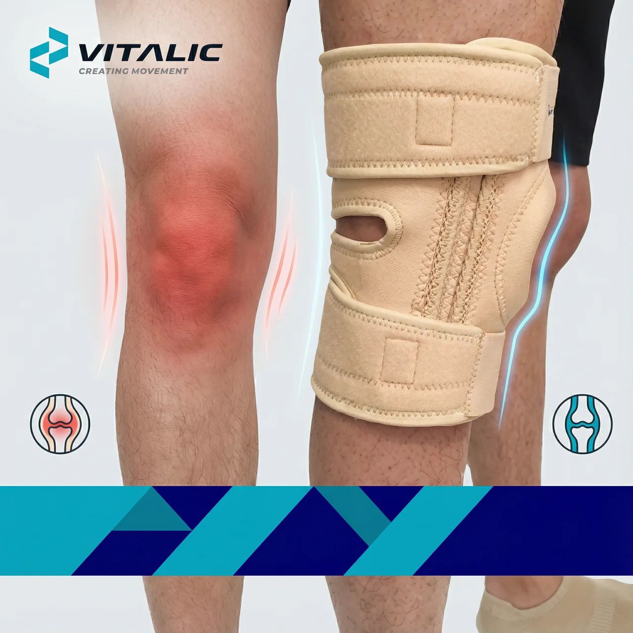Genouillère beige sur une jambe. Symboles de douleur et d'os rouges. Logo VITALIC.