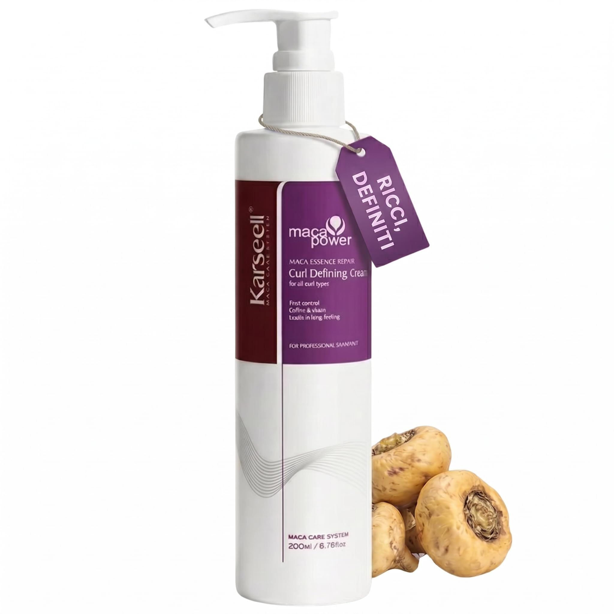 Flacon pompe blanc avec étiquette violette, "Curl Defining Cream" et racines de maca.