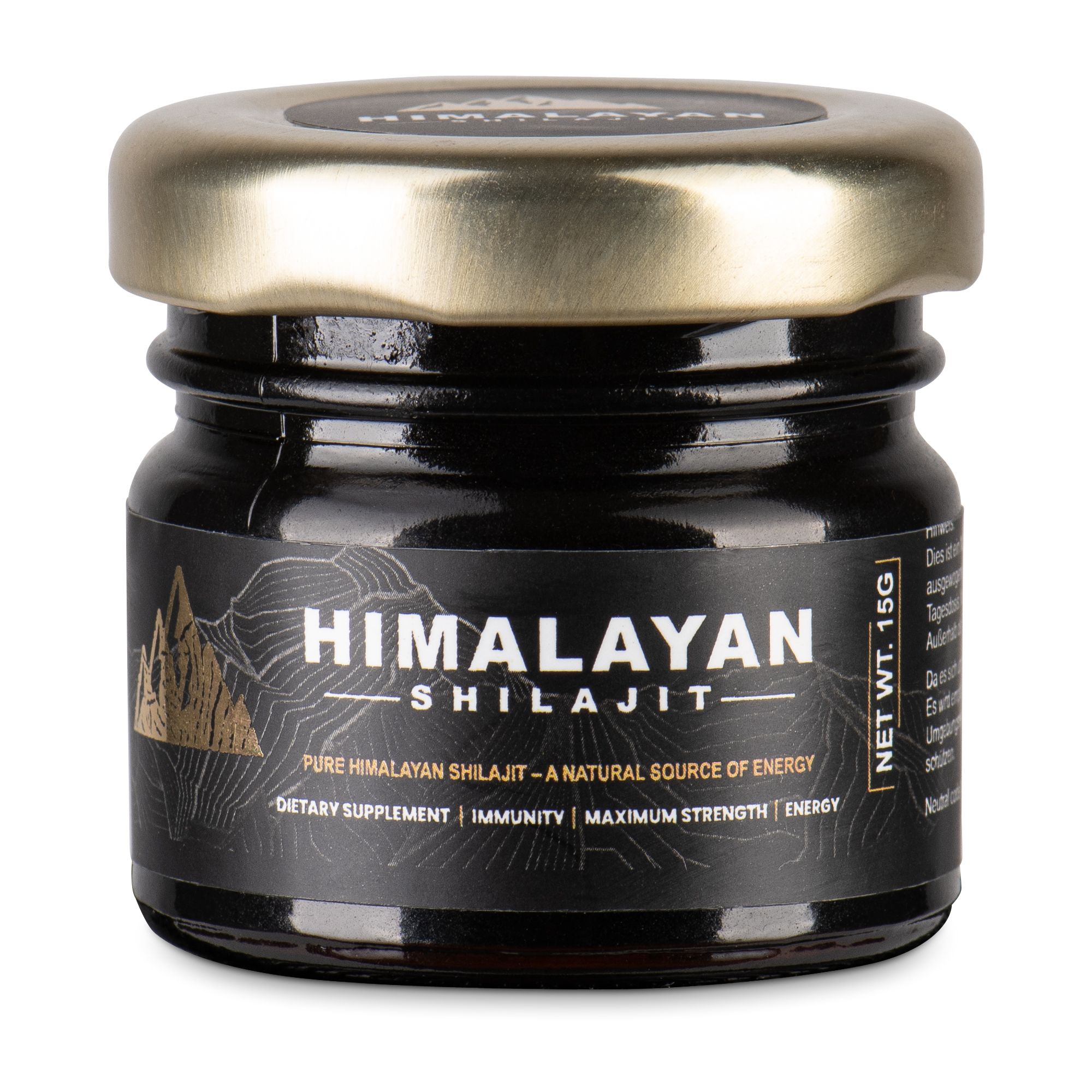 Zwarte pot Shilajit. Gouden deksel. Opschrift: Himalayan Shilajit. Etiket met productinformatie.