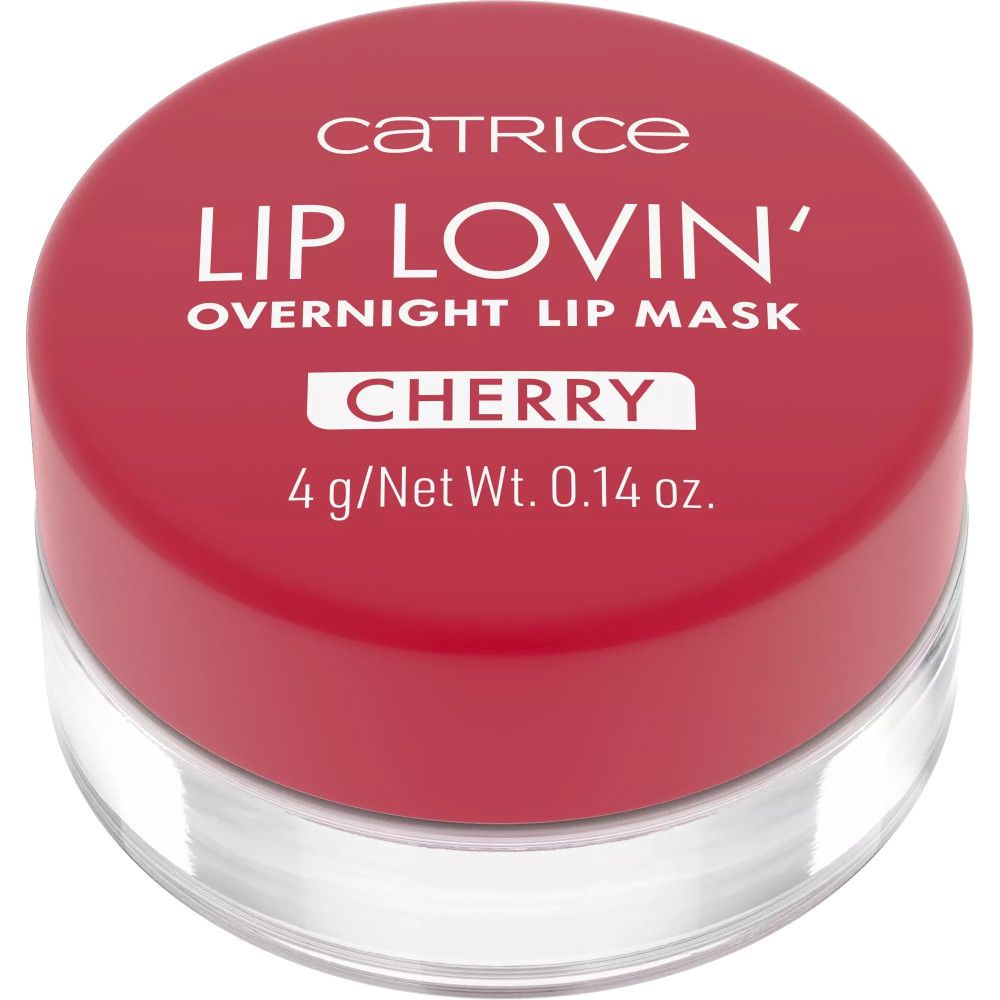 Catrice Lip Lovin' Masque pour les lèvres de nuit dans un contenant rouge. Inscription "CHERRY" et informations produit sur le couvercle.