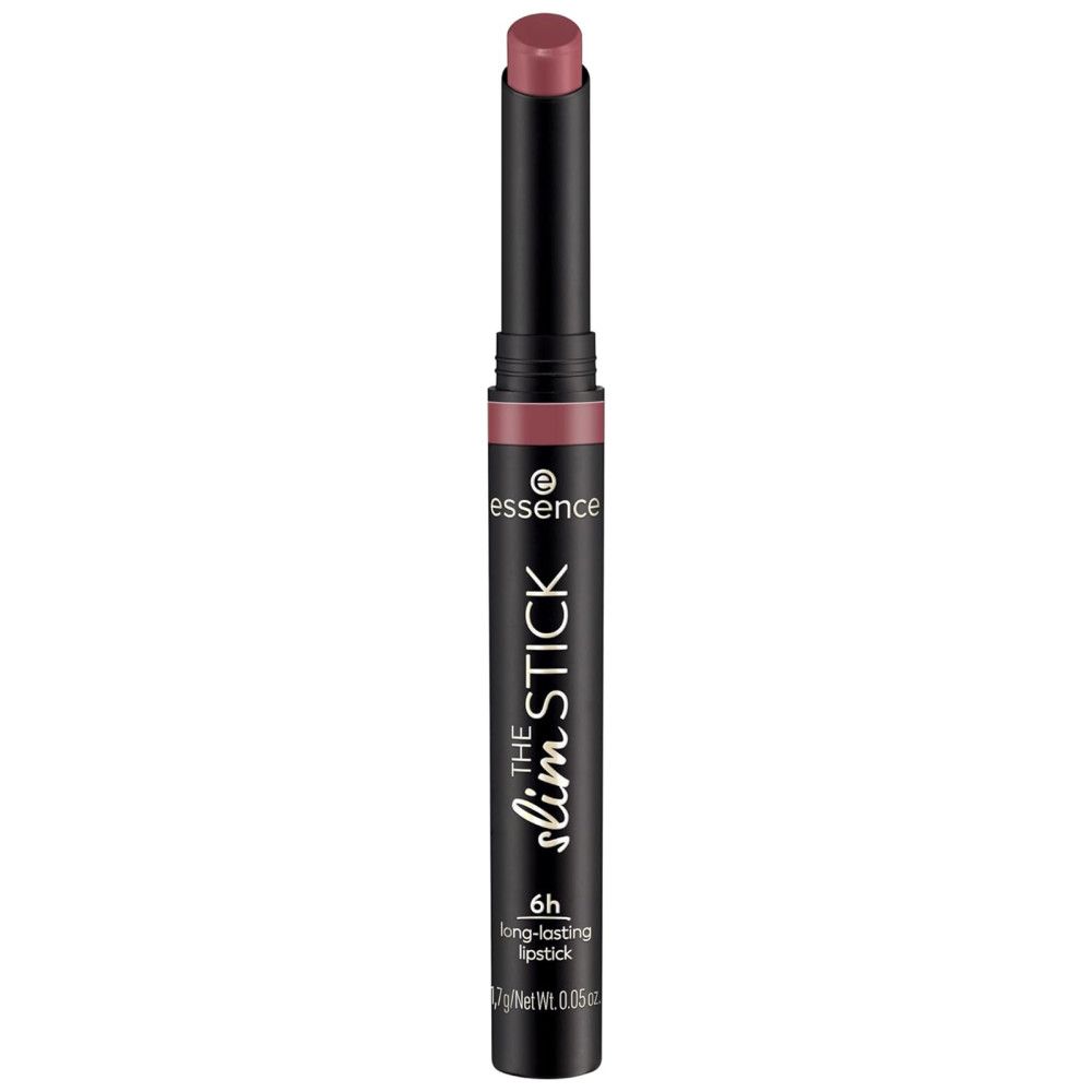 Rouge à lèvres Essence The Slim Stick. Étui noir, rouge à lèvres rose. Nom du produit et logo visibles.