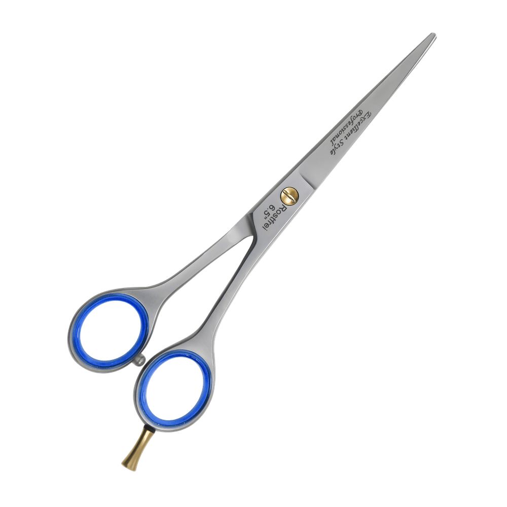 Kappersschaar met glad lemmet, blauwe rubberen handgrepen en gouden accent. Opschriften: Excellent Style Professional, Rostfrei.