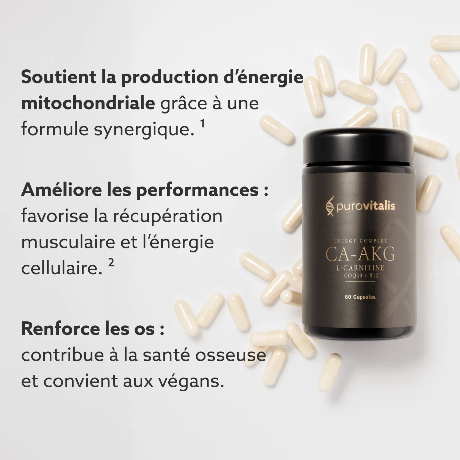 Flacon et capsules. Texte : Soutient la production d'énergie, améliore les performances, renforce les os. Végétalien.