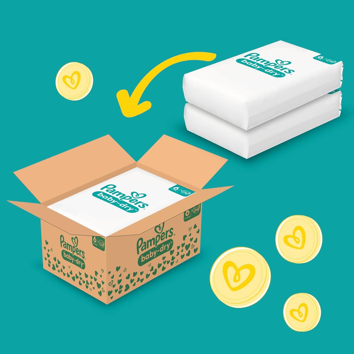 Open kartonnen doos met Pampers Baby-Dry luiers. Twee pakken luiers en gele munten met hartje.