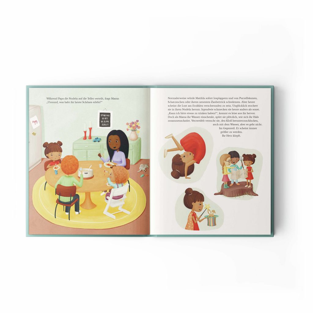 Double page d'un livre. Illustrations d'enfants assis à une table et d'autres scènes avec des enfants.