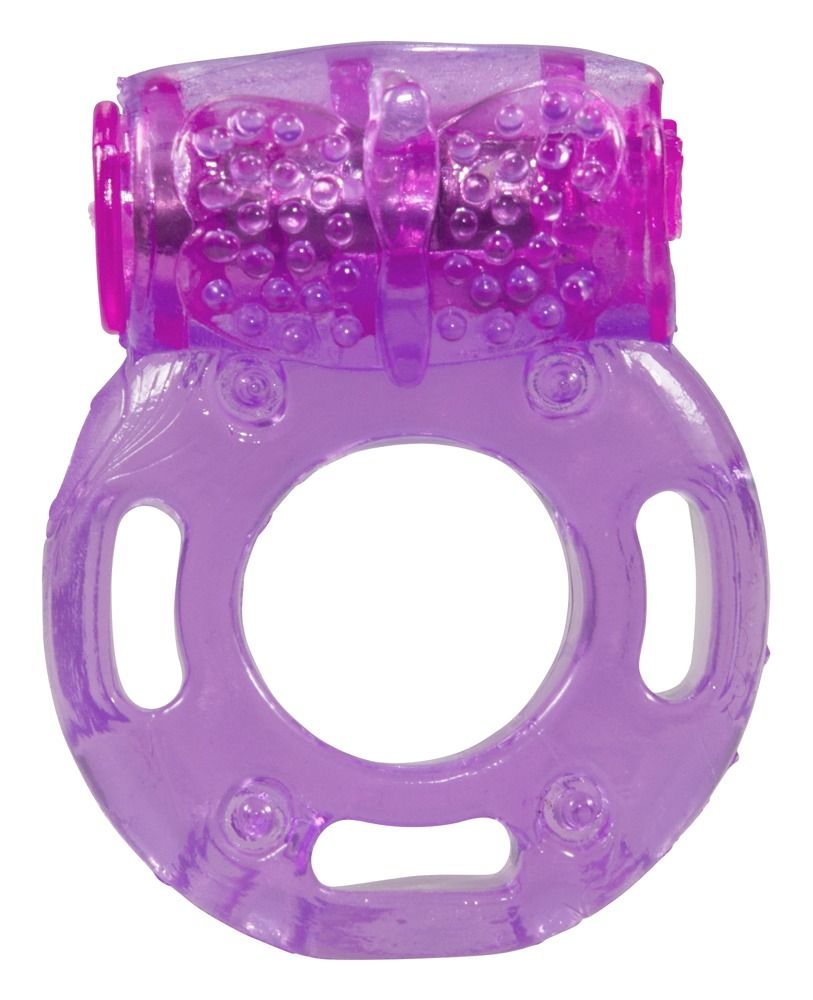 Anneau pénien violet avec module vibrant et picots. Forme annulaire avec ouvertures. En matériau transparent.