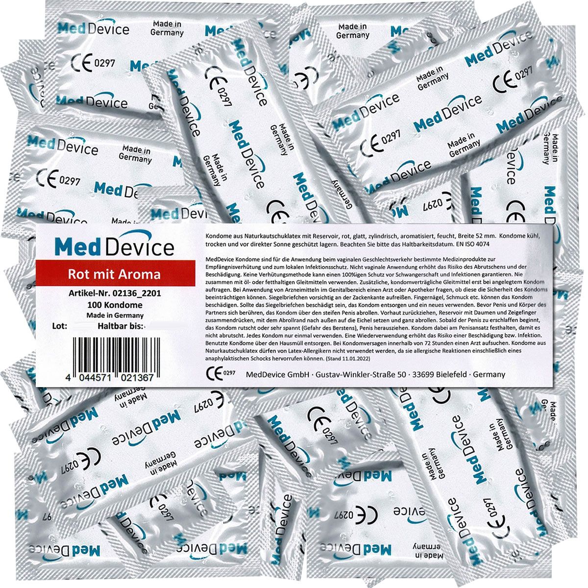 Condoomverpakking met productnaam en rode aroma-aanduiding. 100 stuks, CE-markering, gemaakt in Duitsland.