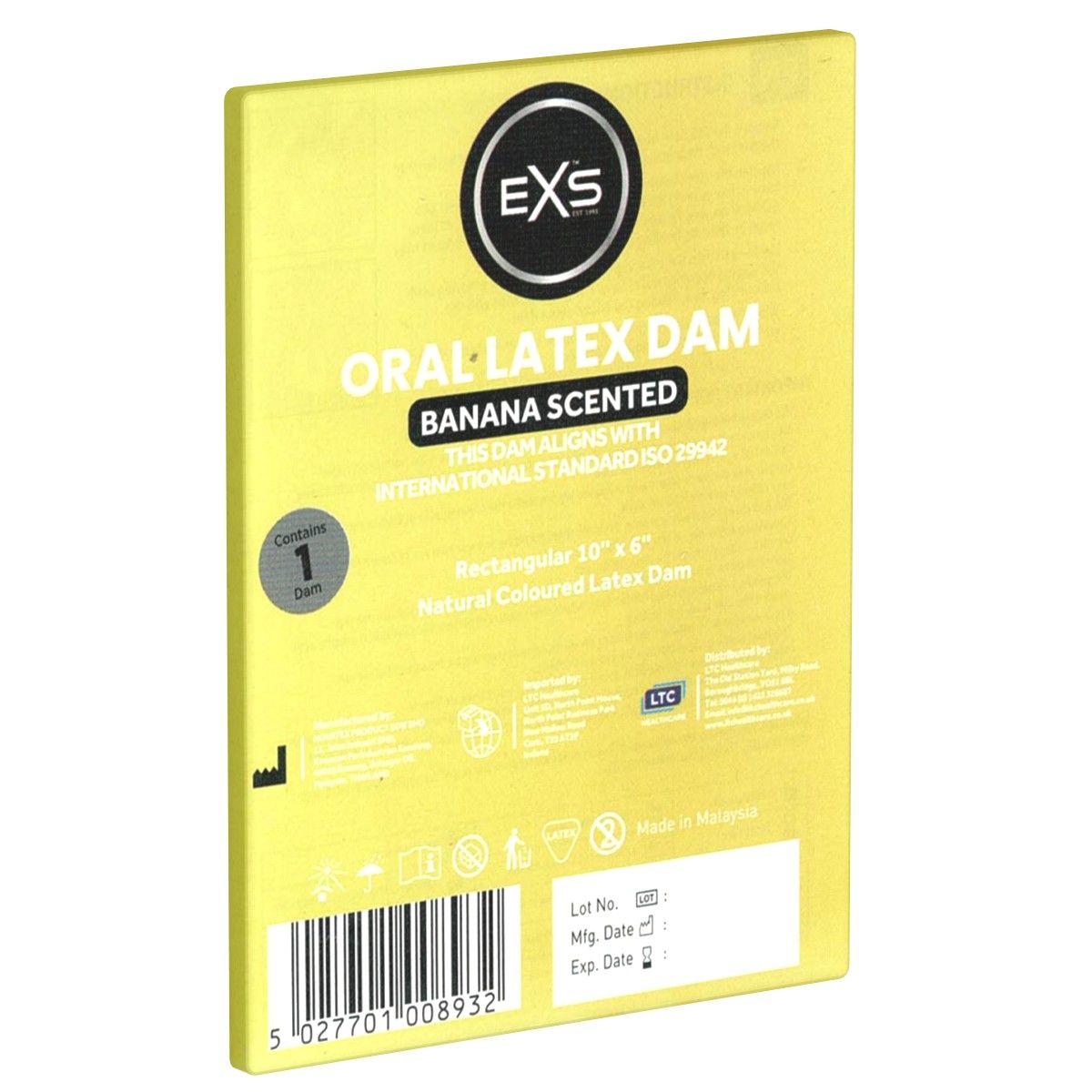 Emballage jaune EXS Oral Latex Dam, parfum banane. Contient 1 pièce. Rectangulaire 10" x 6".