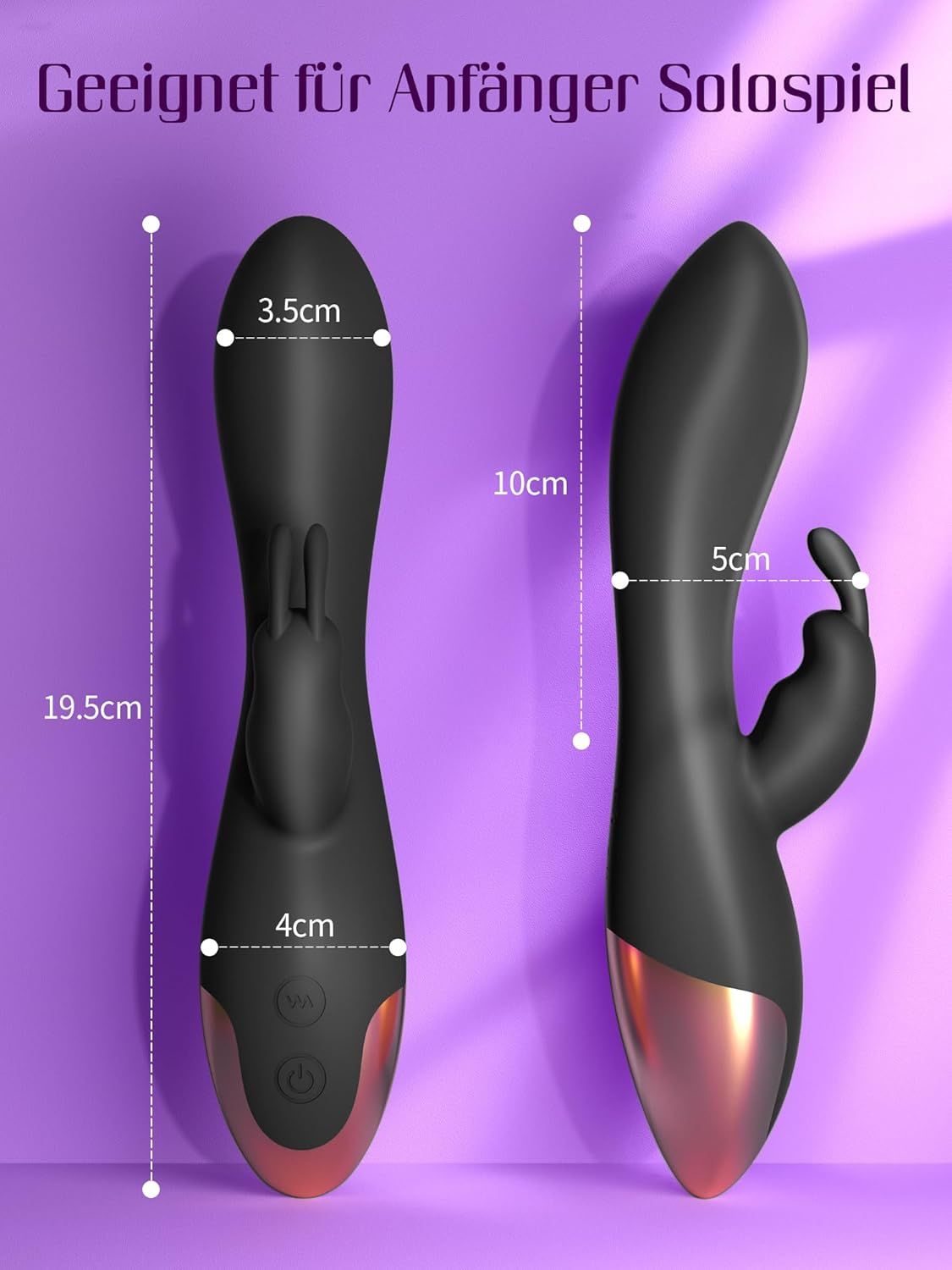 Vibrateur G-spot noir avec extrémité dorée, posé sur un tissu violet.