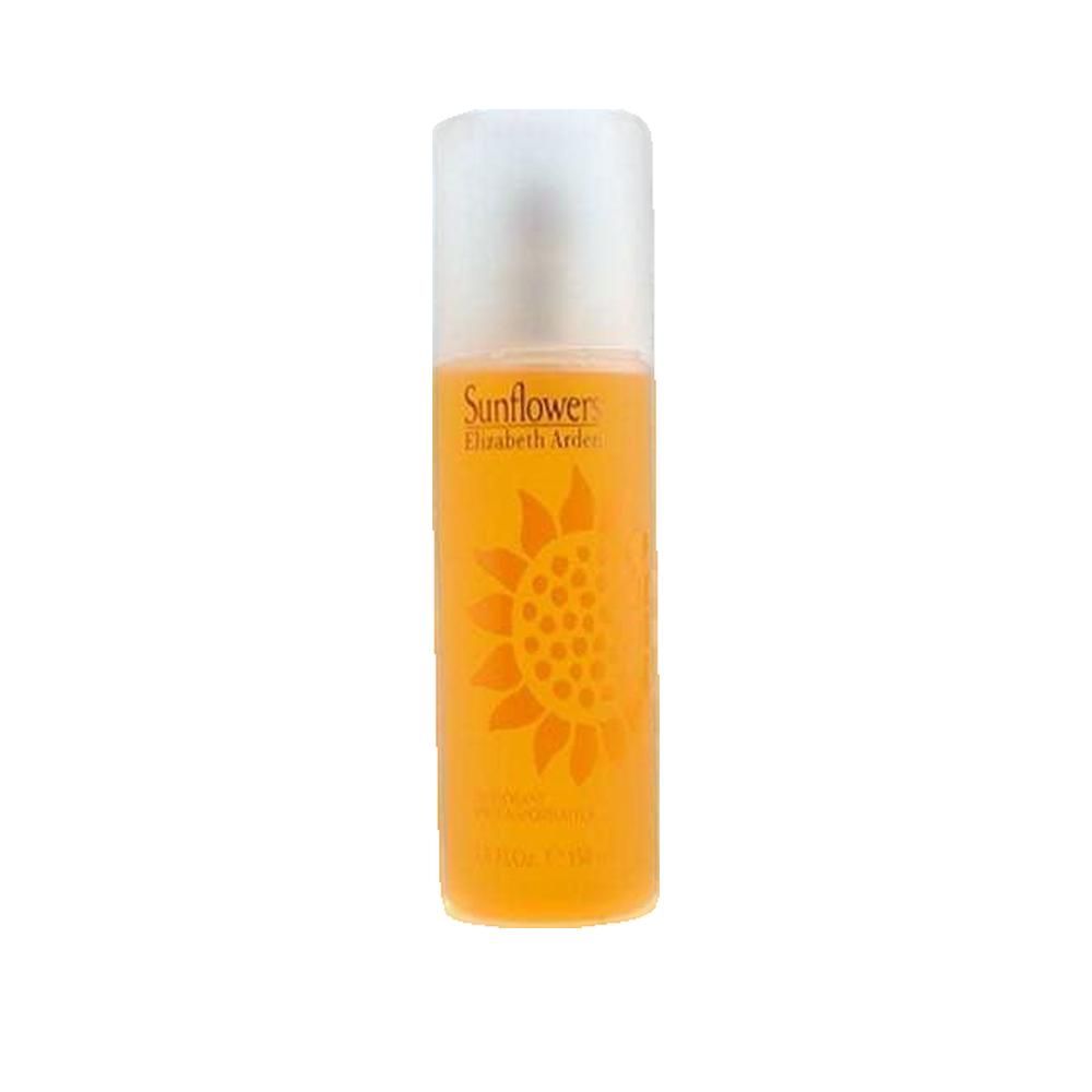 Récipient cylindrique avec liquide orange. Inscription: Sunflower, Elizabeth Arden. Motif tournesol.