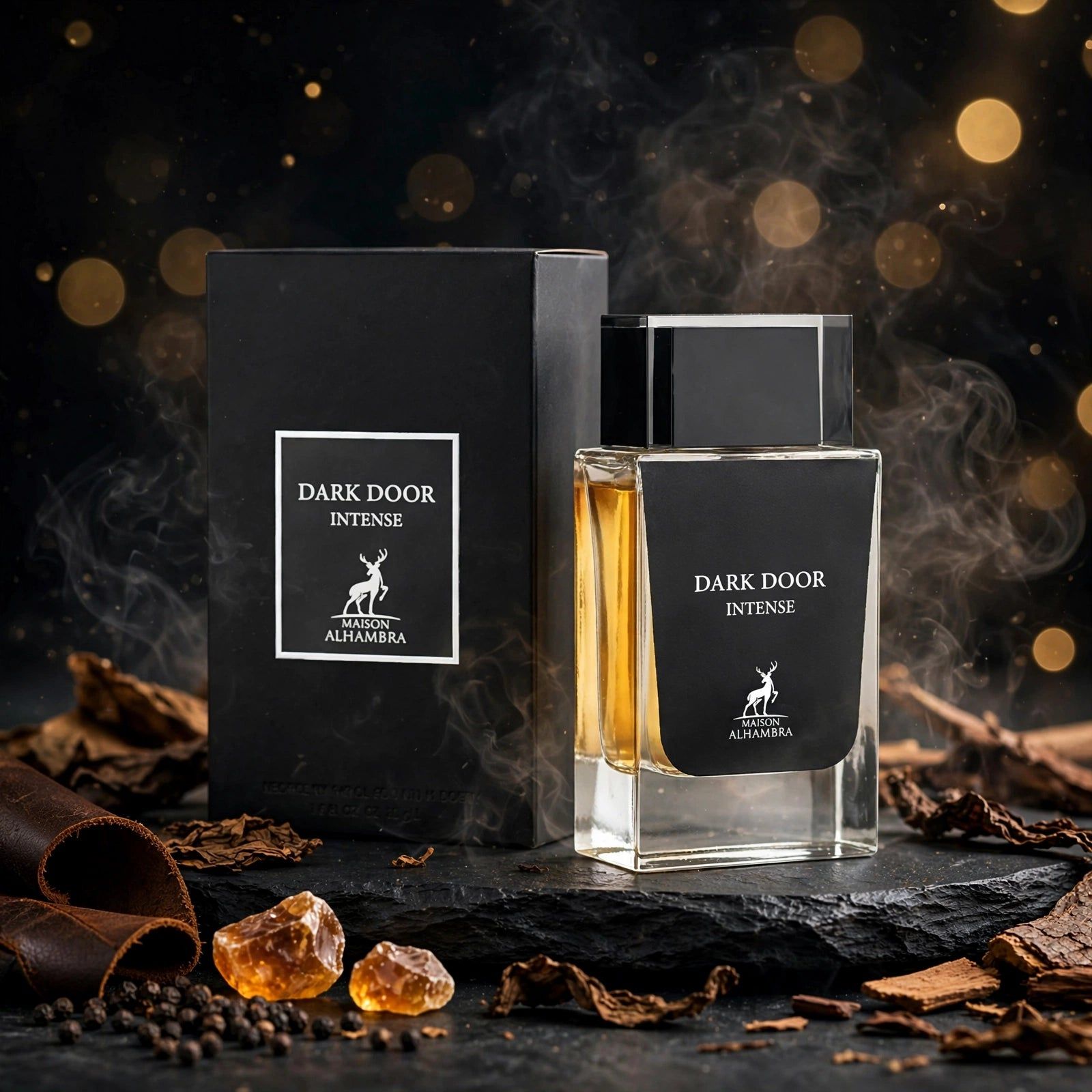 Flacon de parfum noir avec bouchon argenté et boîte assortie.