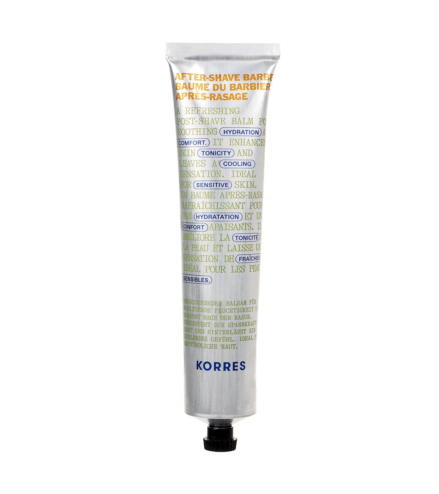 Zilverkleurige tube aftershave balsem. Tekst: KORRES, After-Shave Balm. Zwarte sluiting.