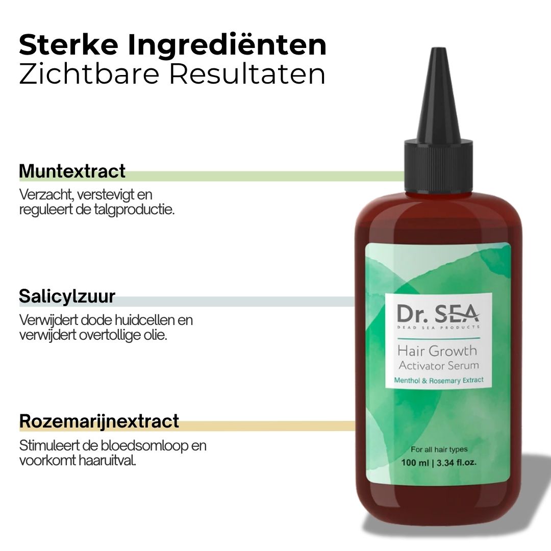 Fles met tekst. Tekst: Muntextract, salicylzuur, rozemarijnextract. Dr. SEA, Hair Growth Activator Serum.