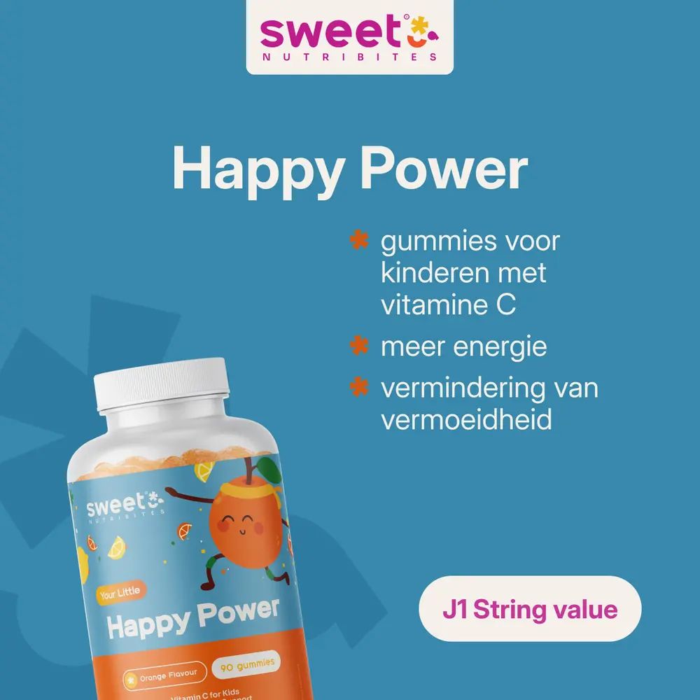 Fles met gummies en tekst: Happy Power. Tekst in het rood: gummies voor kinderen met vitamine C. Blauwe achtergrond.