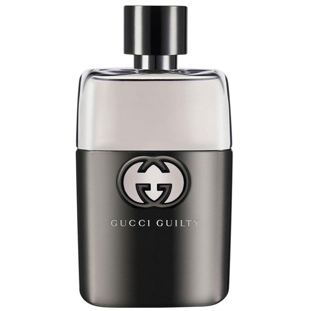 GUCCI Guilty Homme fles. Grijze fles met zilveren dop. Logo op de voorkant. Glazen fles.