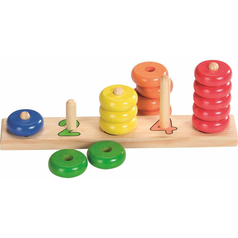 Puzzle en bois avec anneaux colorés sur planche. Anneaux: bleu, vert, jaune, orange, rouge. Chiffres 2 et 4.