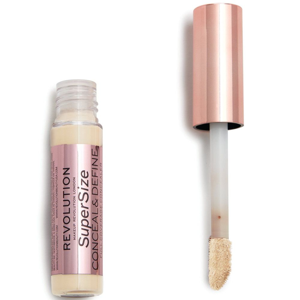 Flacon de correcteur et applicateur. Inscription: Super Size Conceal & Define. Bouchon or rose.