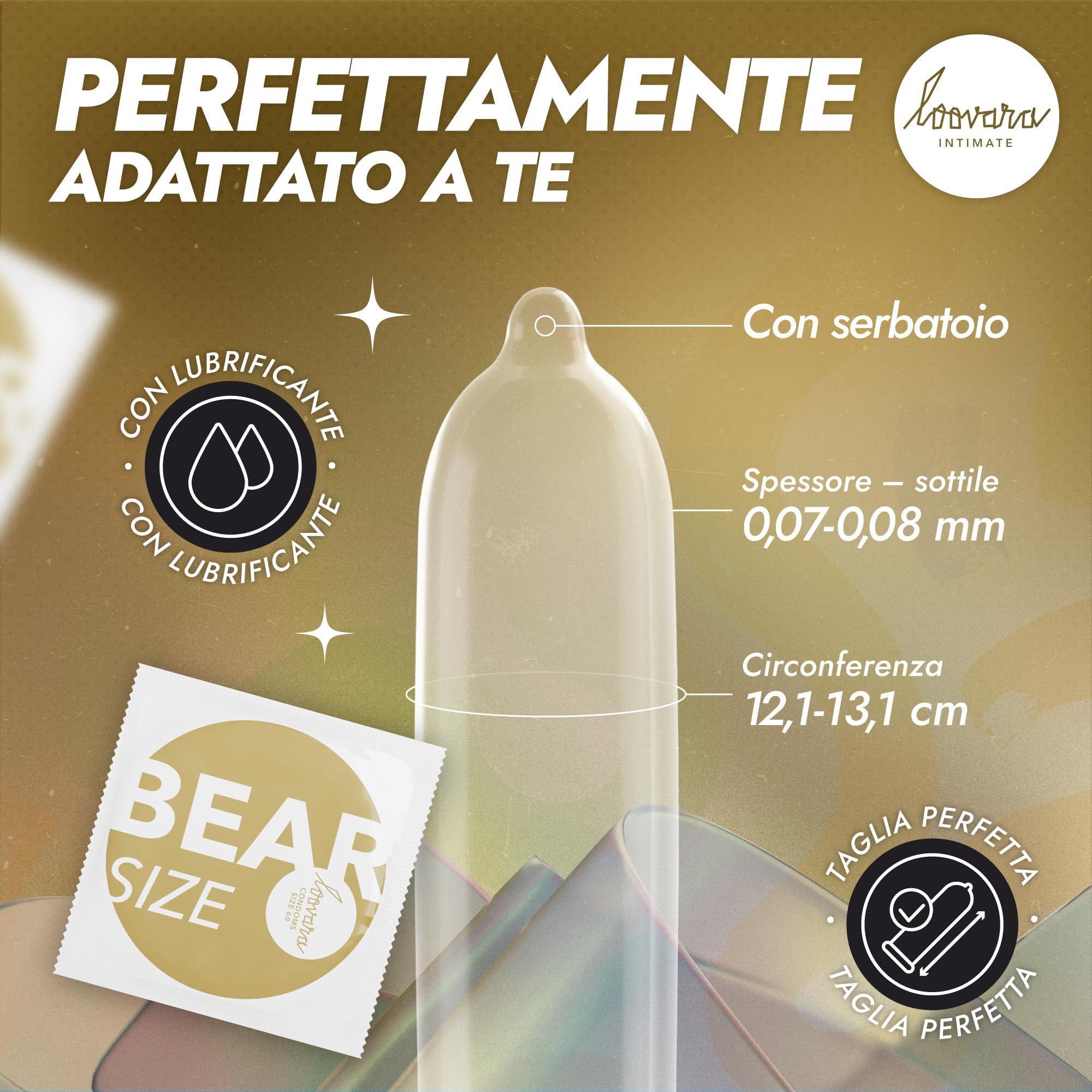 Loovara condoom: Met reservoir, dun (0,07-0,08mm), omtrek 12,1-13,1cm. Perfect passend.