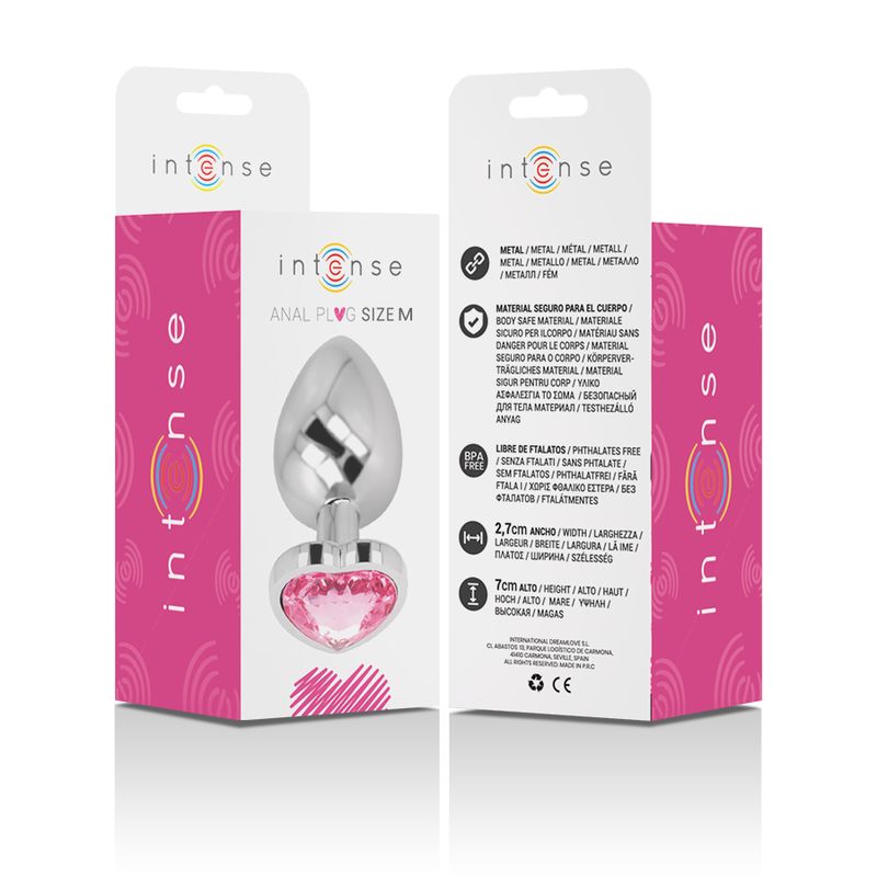 Plug anal Intense en métal avec bijou rose, taille M, emballage avant.