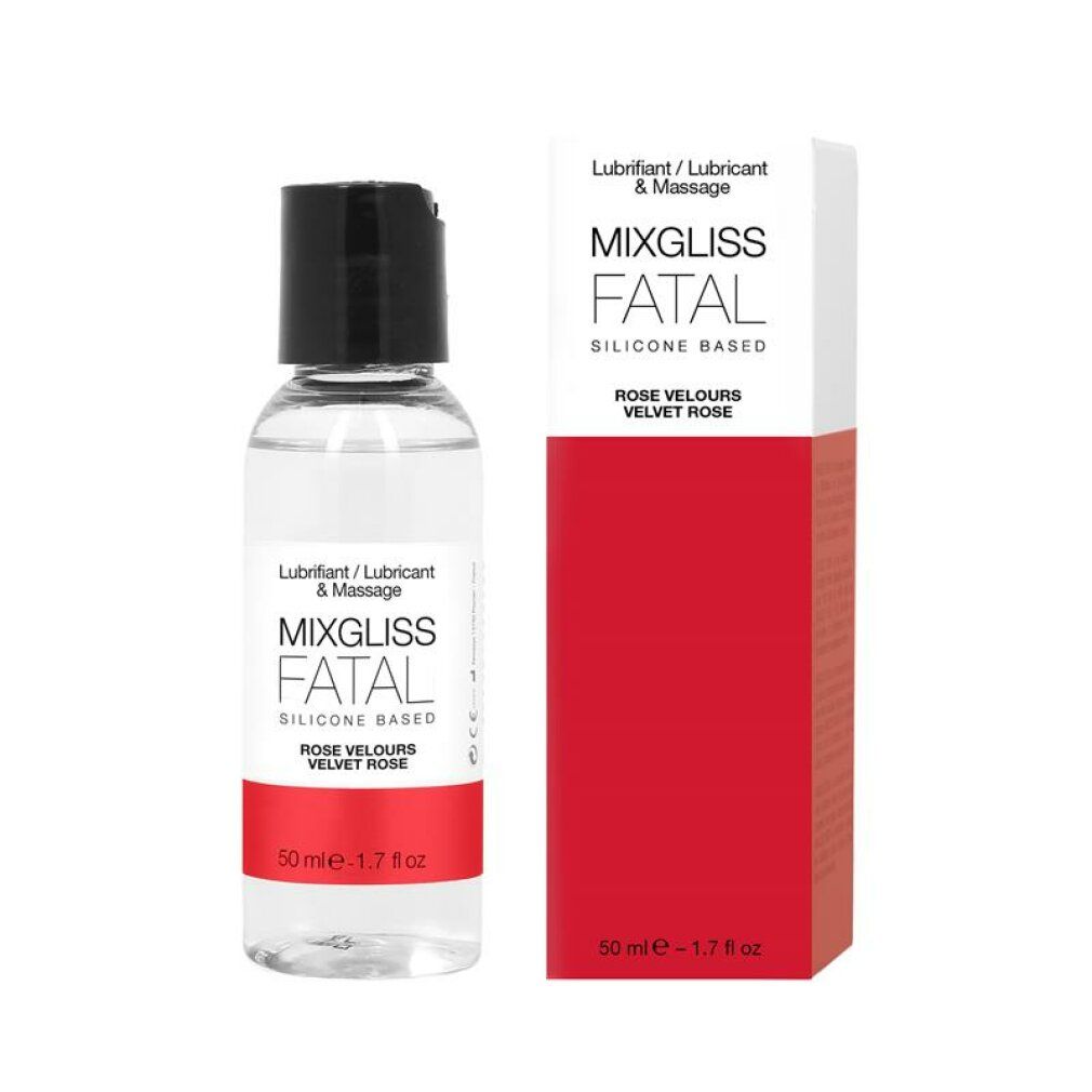 Flacon de liquide avec bouchon noir et emballage rouge. Inscription : Mixgliss Fatal, Rose Velours.