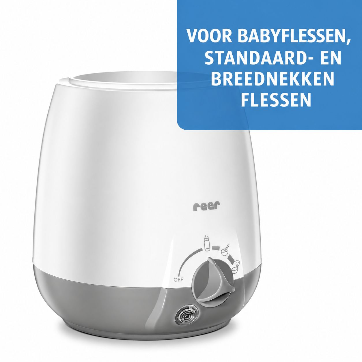 Een wit-grijze babyflessenwarmer met draaiknop en markeringen voor verschillende instellingen.
