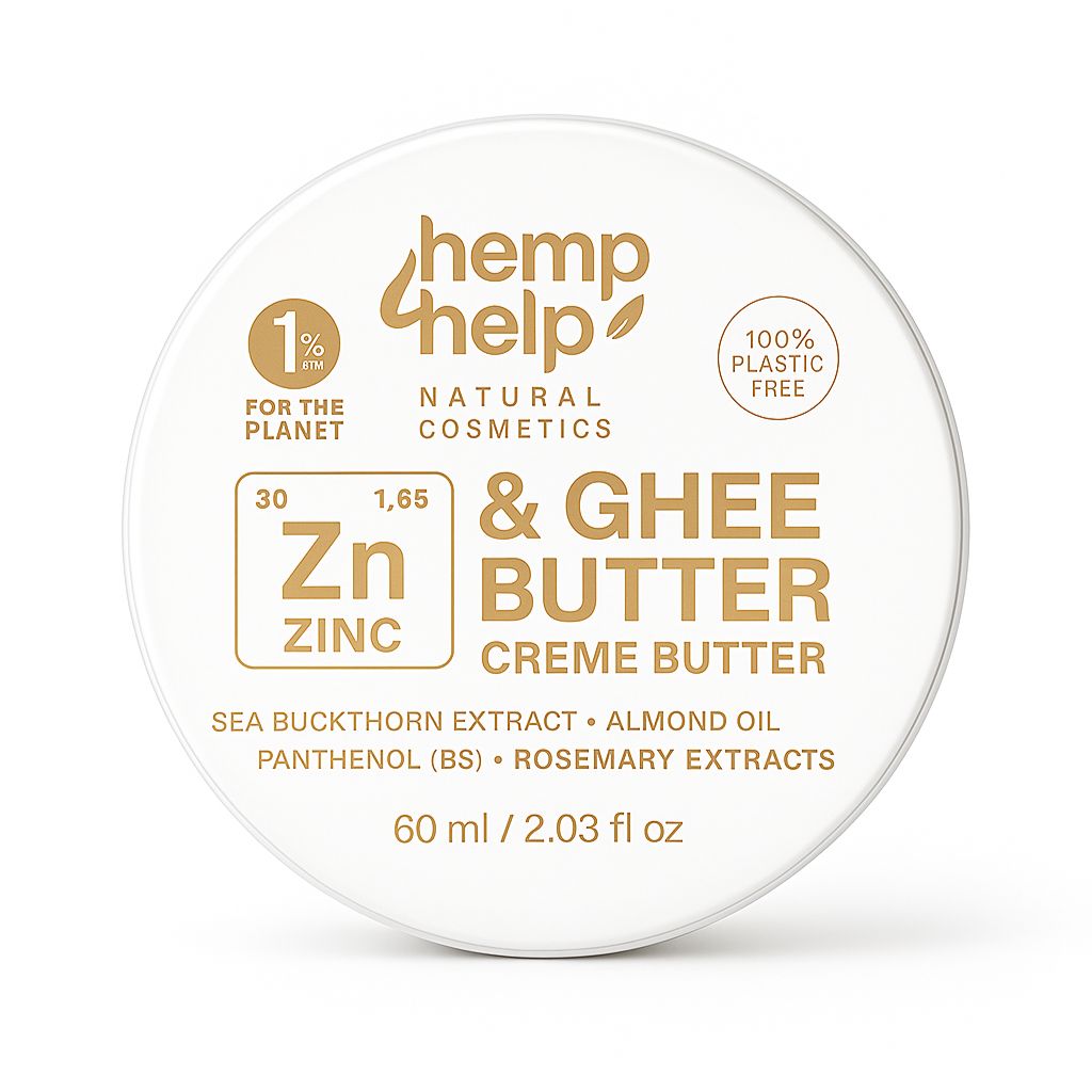 Pot rond blanc. Inscription: Hemp Help, Crème au beurre de zinc et de ghee. 60 ml. 1% pour la planète, 100% sans plastique.